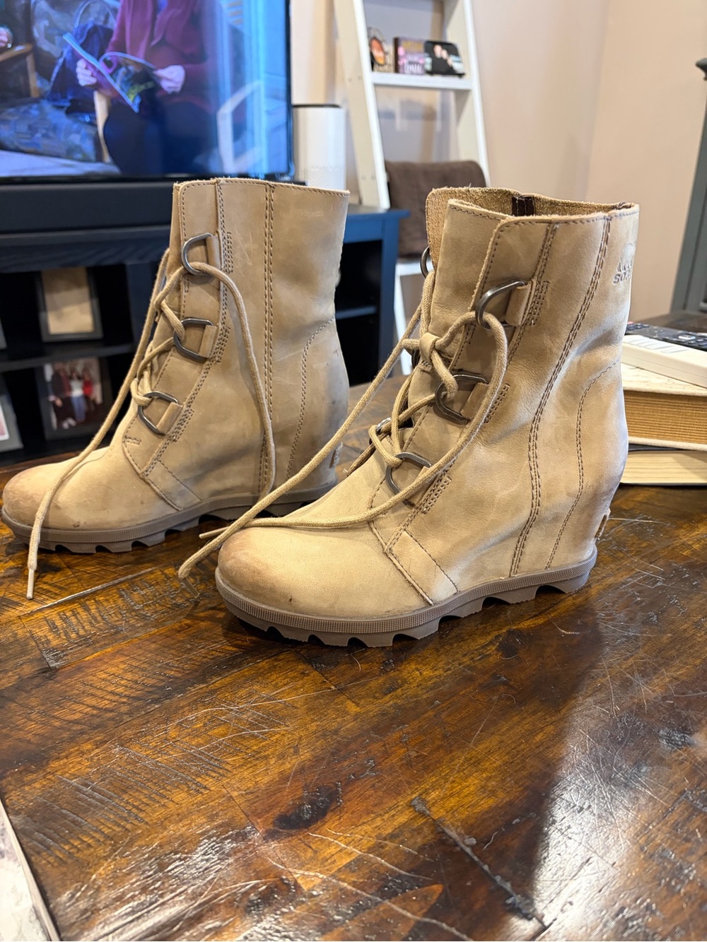 Sorel Tan Lace-Up Wedge Ankle Boots